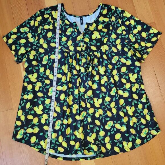 Allegrace 3X lemon print blouse empire waist button up collar novelty print grap - Picture 7 of 14